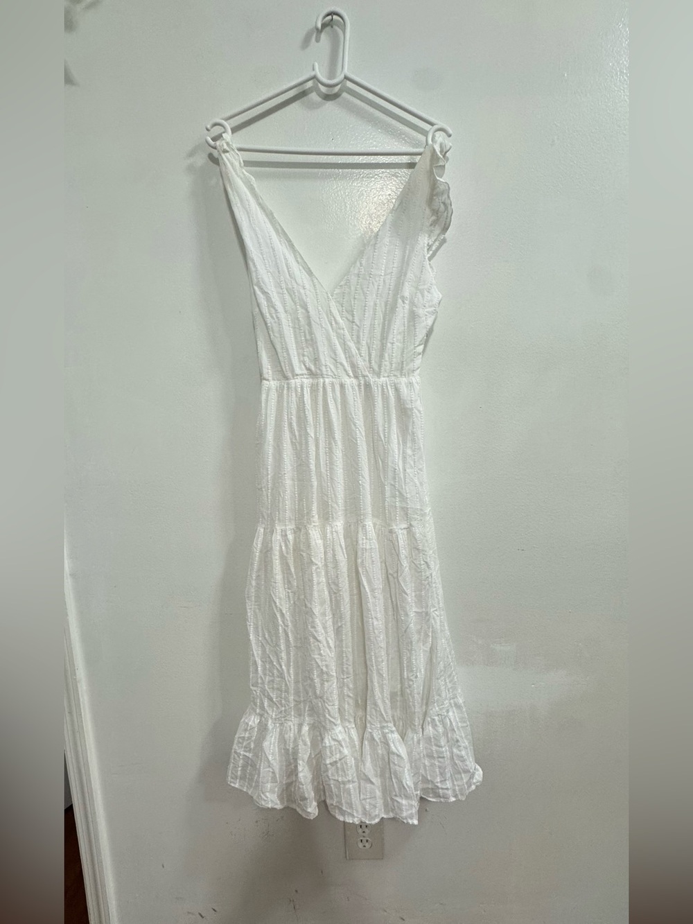 White V-Neck Tiered Midi Dress with Shoulder Ties